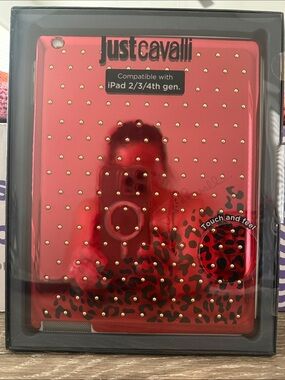 Just Cavalli Red and Black Studded iPad Case with Leopard Accent iPad 2/3/4th ge